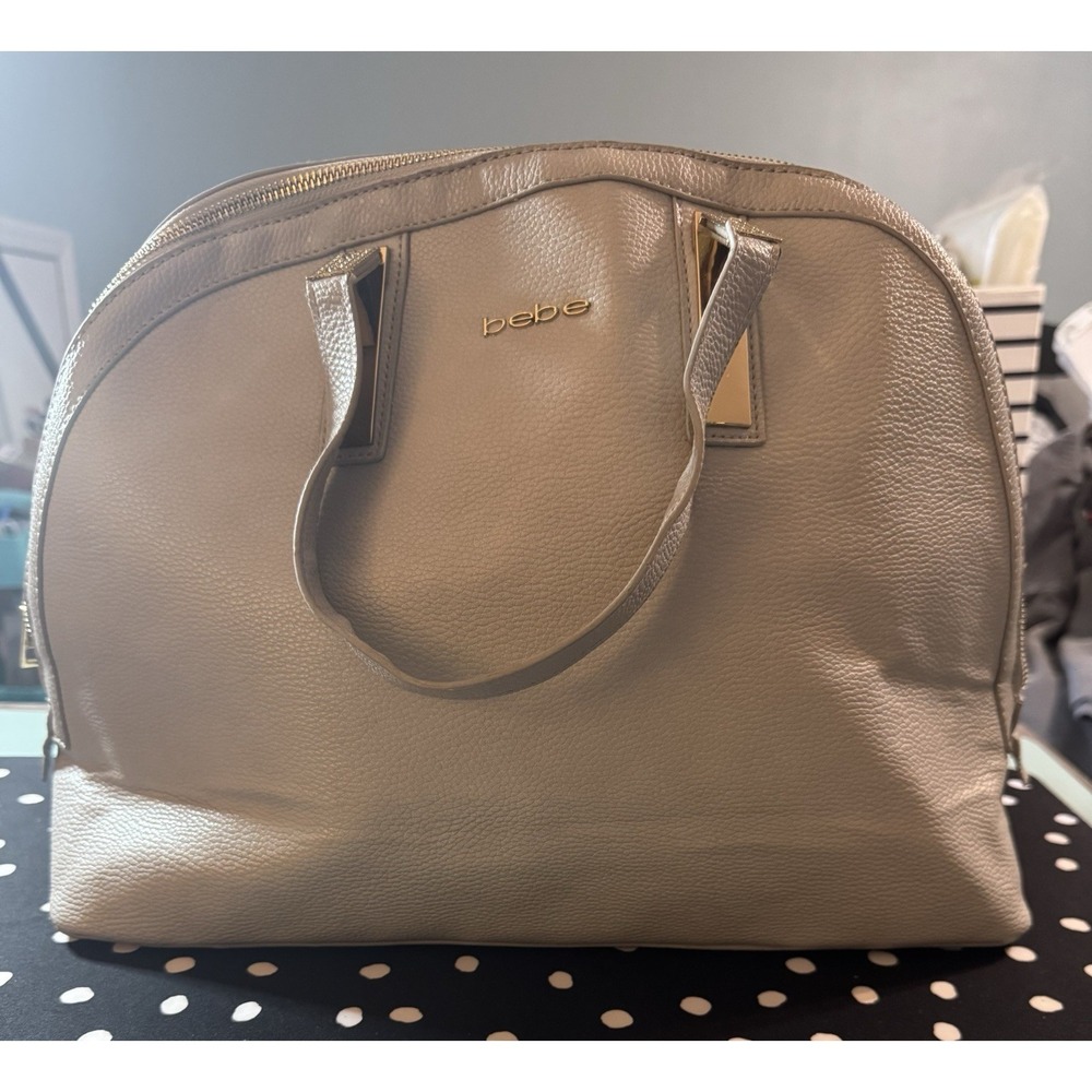 BEBE Light Gray Ashley Dome Satchel Tote Purse Handbag Gold Hardware